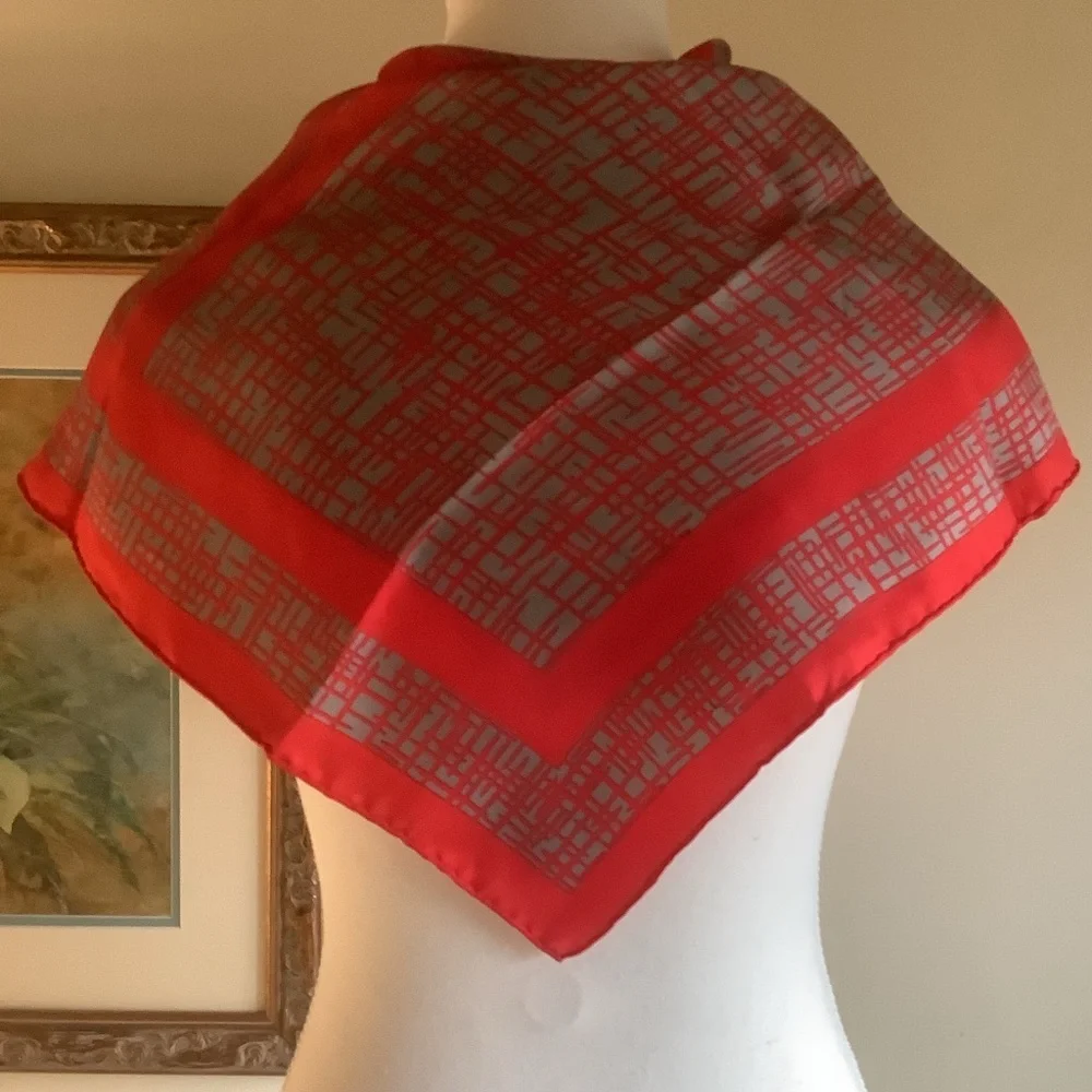 Bill Blass Vibrant Red and Gray Square Scarf